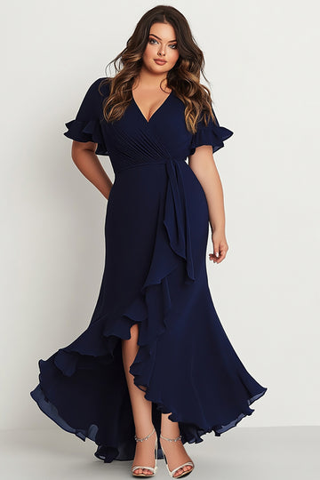 Mermaid Navy Short Sleeves Pleated Plus Long Formal Dress